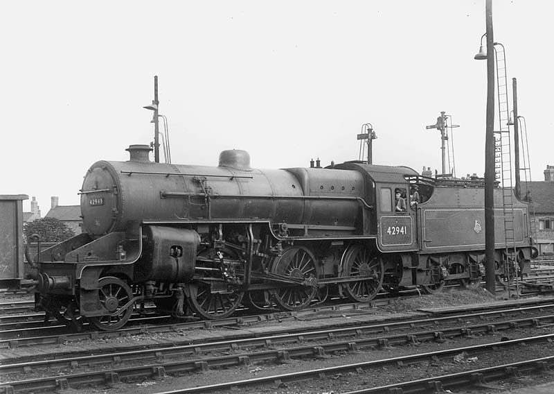 Ex-LMS 2-6-0 'Hughes Crab' No 42941 is seen in another view whilst shunting mineral wagons at the throat of Nuneaton's up marshalling yard