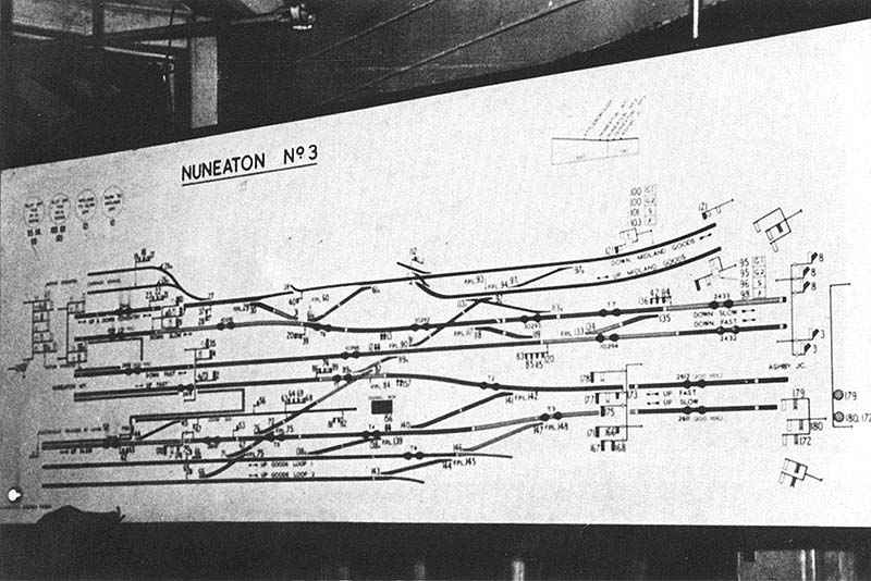 View of Nuneaton No 3 Signal Box's diagram showing at the bottom the two up goods loop lines and the up and down Midland goods lines at the top
