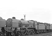 Ex-LMS 5XP Patriot class 4-6-0 No 45541 'Duke of Sutherland' stands in store with an unidentified Stanier 2-6-4T