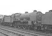 Ex-LMS 5XP Patriot class 4-6-0 No 45538 'Giggleswick' stands in line with other stored classmates