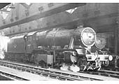 Ex-LMS 2-8-0 8F No 48637 is seen in steam inside of Rugby's No 2 shed which had been built in 1878