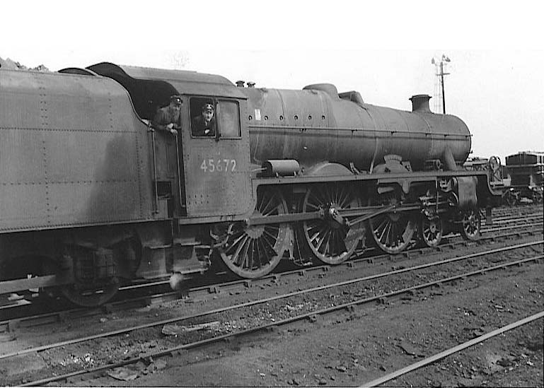 Ex-LMS 5P 4-6-0 Jubilee Class No 45672 'Anson' stands simmering outside of Rugby's No  2 shed