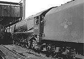 Ex-LMS 8P 4-6-2 Princess Coronation Class No 46256 'Sir William Stanier FRS' stands outside Rugby No 1 shed