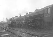 Ex-LMS 5XP 4-6-0 No 45554 'Ontario' and Stanier 'Class 5' 4-6-0 No 44689 stand in steam after being coaled