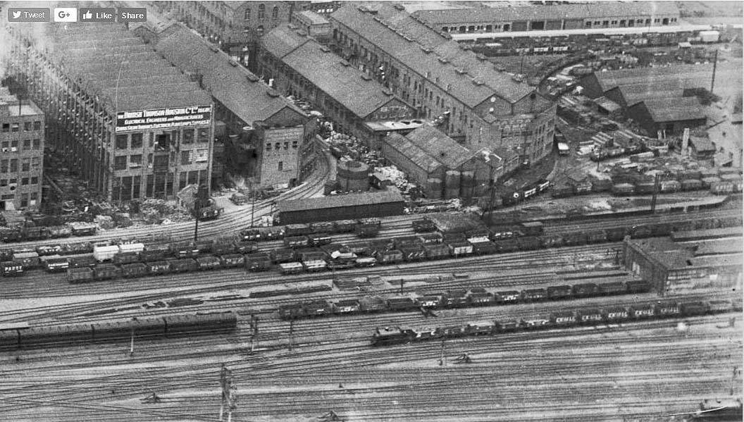 A 1920 aerial view of the northern approach to Rugby station with the Midland Railway shed partly visible in the centre on the extreme right