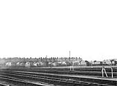 View from in front of the sub shed towards the main depot showing a large number of locomotives stabled outside