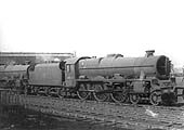Ex-LMS 5XP 4-6-0 Jubilee class No 45722 'Defence' stands outside Rugby's rebuilt sheds in store with others