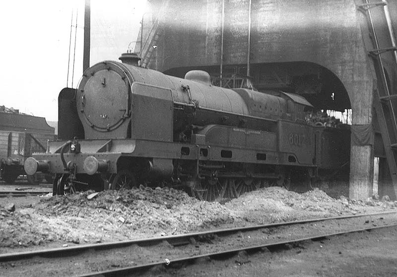 LMS 4-6-0 large boilered Claughton class No 6017 'Breadalbane' is seen standing under the Ash Plant at Rugby