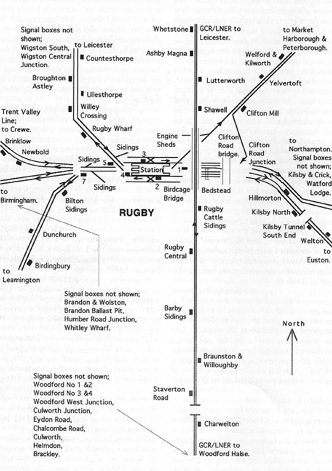 Schematic plan showing the locations of the Great Central and LMS signal cabins within Rugby and the wider area