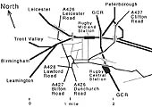 Schematic plan showing the principal roads around Rugby and the main GCR and LMS railway routes