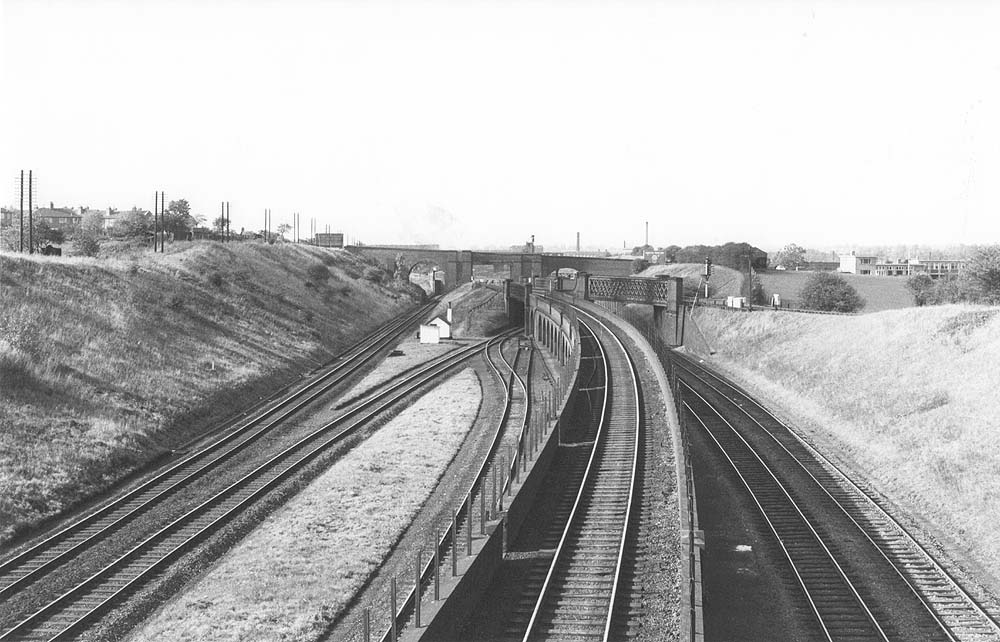 Looking towards Clifton Road over bridge with the junction between Northampton and Market Harborough in the centre of the image