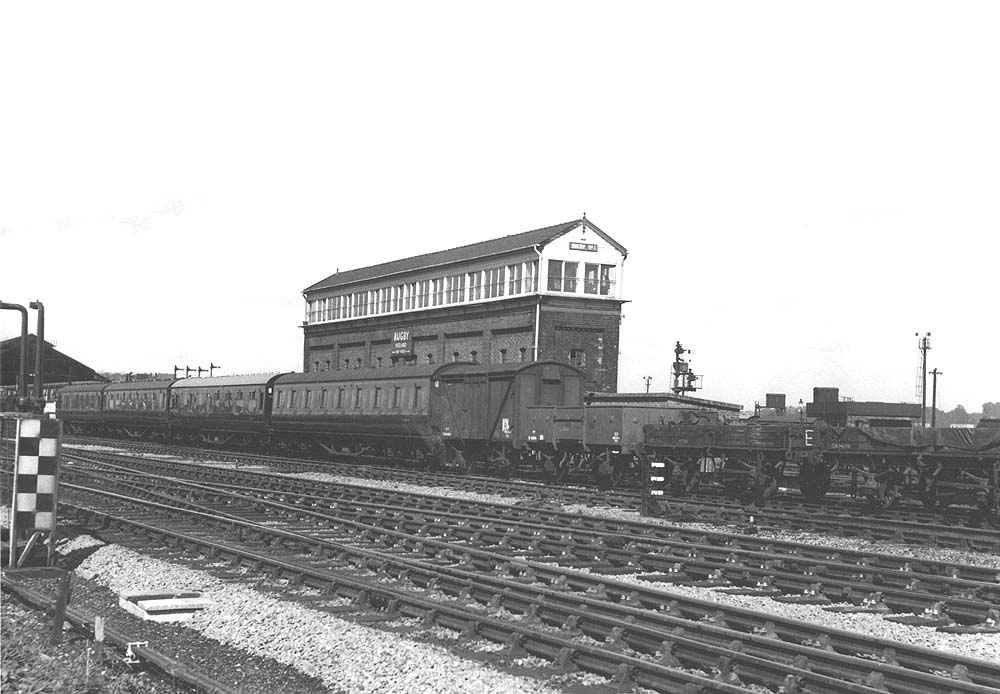 Another view of Rugby's three storey No 1 signal cabin with the down platform line immediately in the foreground