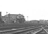 Close up showing the southern elevation of Rugby's No 7 signal cabin with the 'GEC' works in the background