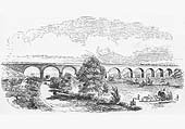 An early engraving of the eleven arched Avon viaduct carrying the Midland Counties Railway over the Leicester Road and river