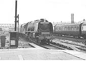 Ex-LMS 8P 4-6-2 No 46241 'City of Edinburgh' is seen arriving on the down Royal Scot' on 26th May 1958