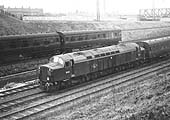 English Electric Type 4 D334 diesel locomotive heads a down express from Euston onto one of Rugby's through lines