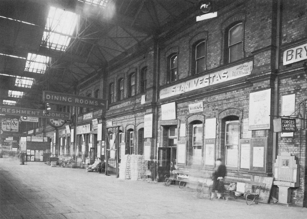 Looking along platform one towards the Stafford and Leicester bays with the dining rooms and refreshment rooms in the centre  of the image