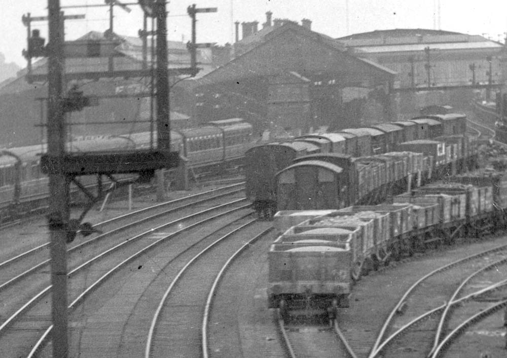 Close up showing a variety of stabled wagons destined to be unloaded at Rugby's Goods and Coal yard