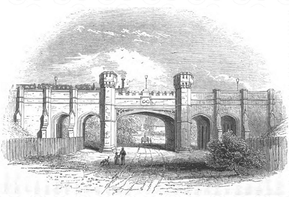 An etching of the bridge over the Lutterworth Road at Rugby as seen in Osborne's London & Birmingham Railway Guide