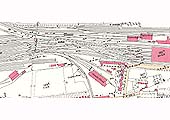 An 1886 OS Map of Rugby Station showing the northern approaches, cattle pens and goods shed