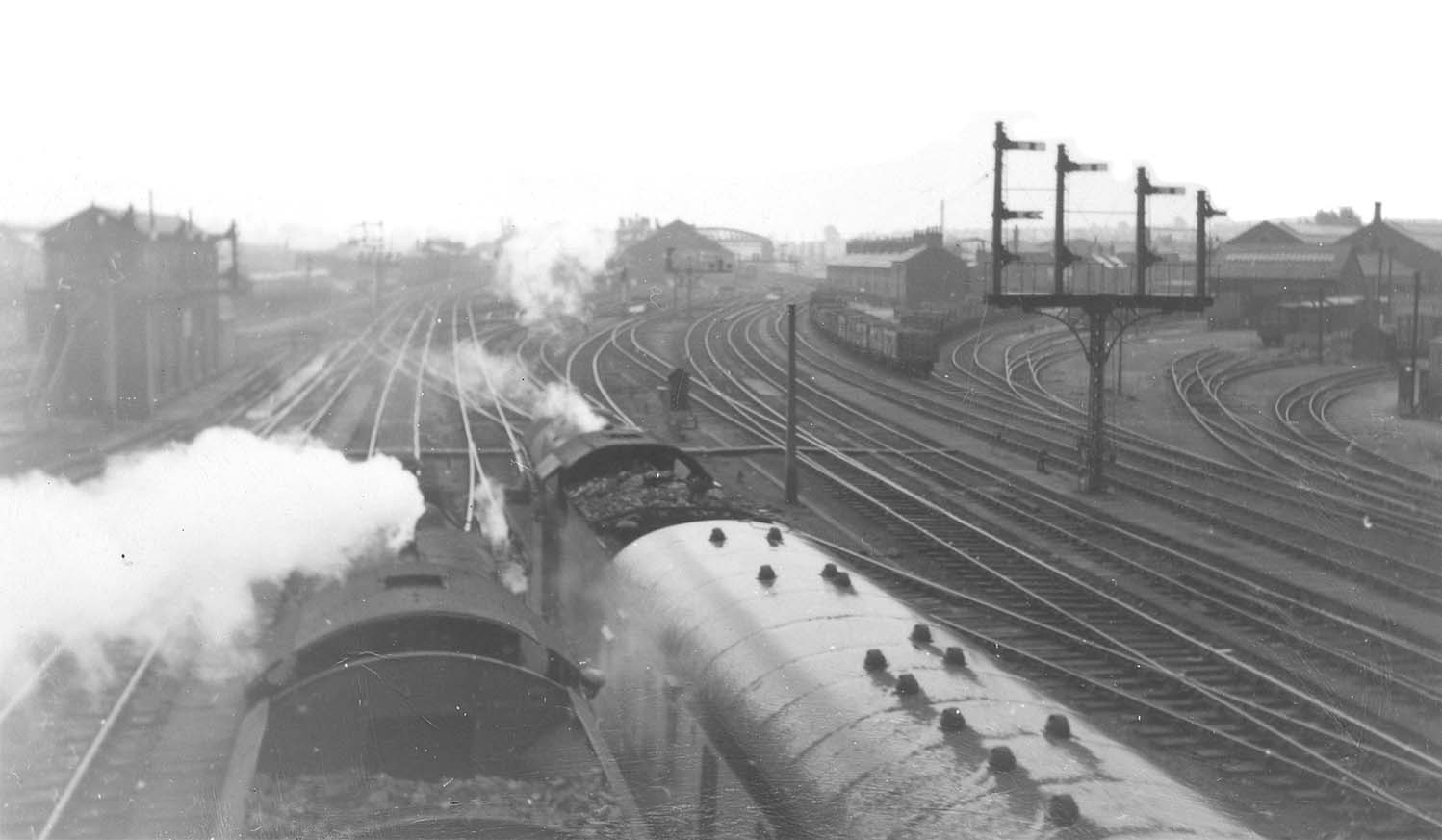 Looking towards Rugby station with Rugby No 5 Signal Cabin on the left and the goods and coal yard on the right