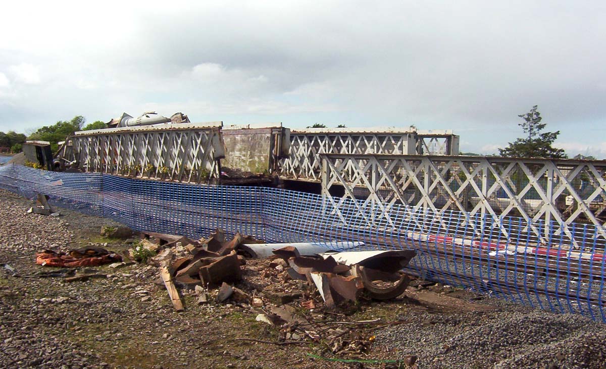 One of two photographs showing in the yard the remains of Black Path footbridge removed over the Christmas 2007 holday period