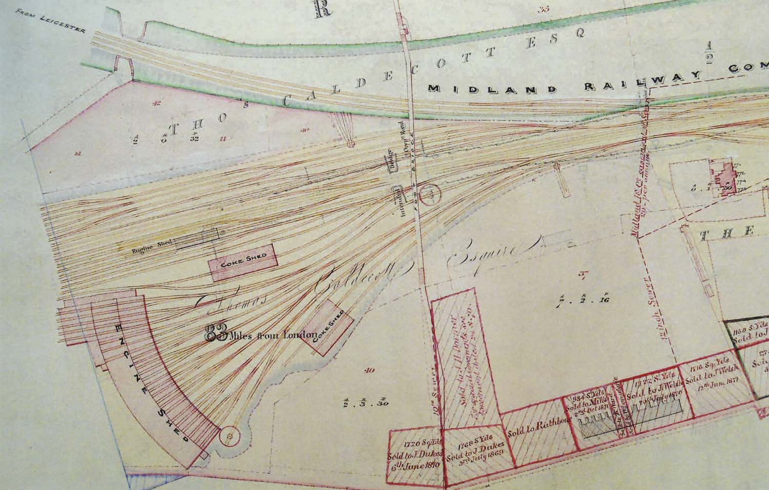 An 1863 Map of the 'northern' approach to Rugby showing the MR line to Leicester and the two LNWR lines to Birmingham and Stafford