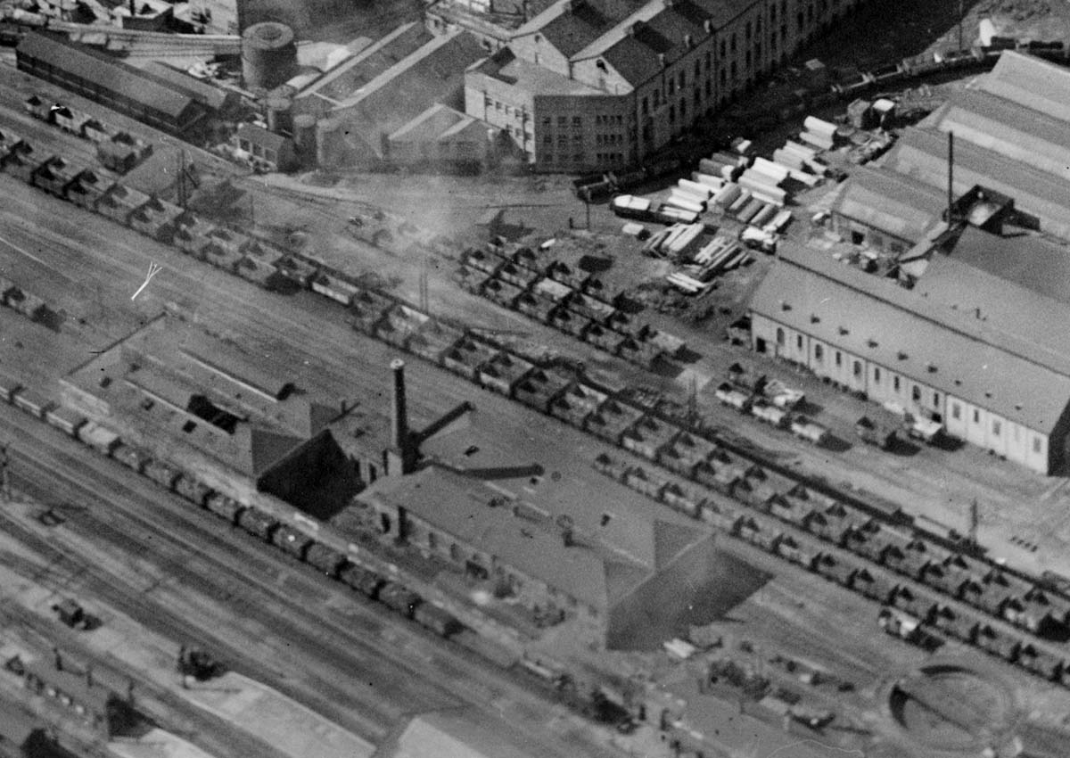 A 1924 aerial view of the Midland Railway's Engine Shed which comprised two four-road off-set buildings which had close in 1903