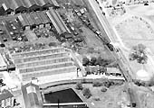 Close up of the 1946 aerial view of Hunter's Wagon works and the line accessing it from the shed on the right