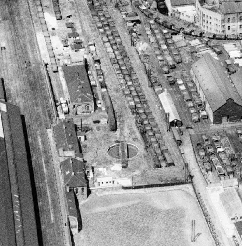 Close up of the 1946 aerial view of the remains of the former Midland Railway engine shed and turntable which closed in 1903