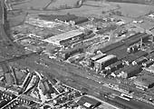 A 1946 panoramic aerial view of the station on the right and the line to Leicester and the yards on the left
