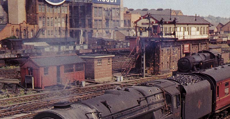 Close up in colour showing the sidings between British Thomson Houston works and Rugby's No 5 signal cabin