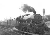 Ex-LMS 4-6-0 Jubilee class No 45599 'Bechuanaland' passess through the station via the outside avoiding lines