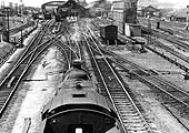 View from the Great Central bridge looking towards the southern end of Rugby station as an ex-LMS Stanier locomotive passes under