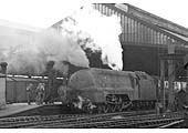 Close up showing ex-LMS 4-6-2 Coronation class Pacific No 6243 'City of Lancaster' dwarfing the ex-LNWR 2-4-2T standing in the Stafford bay