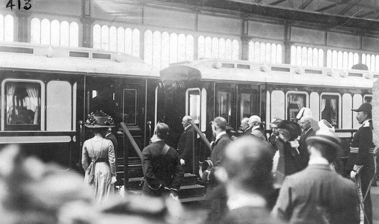 The departure of King Edward VII on the Royal Train after his visit to Rugby shortly before his death