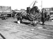 A shunting horse being used to rotate the wagon on a wagon turntable in Hunters Wagon Works