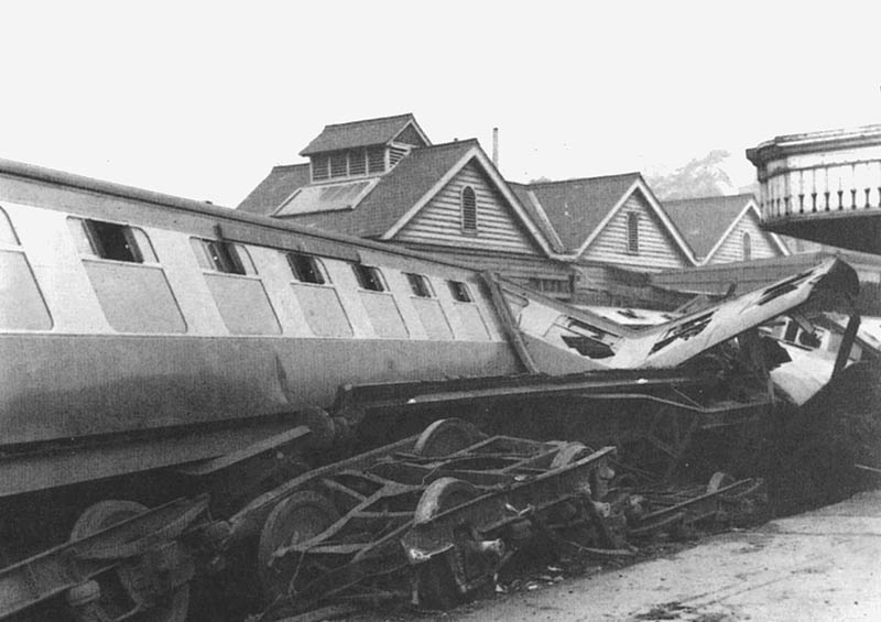 View of one of the carriages twisted and distorted following their derailment