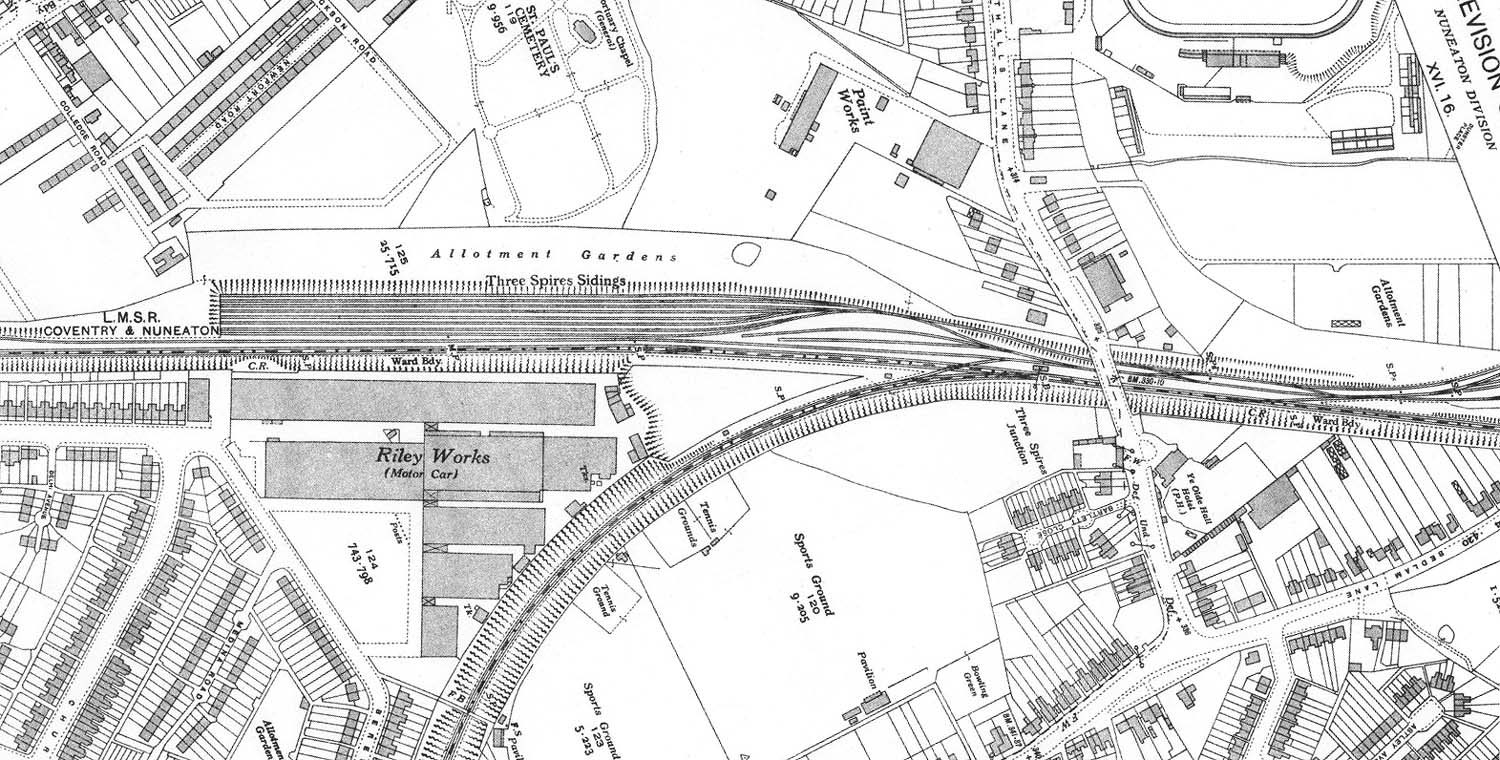 A 1936 Ordnance Survey map showing Three Spires Junction and the exchange sidings as well as the Coventry Loop Line