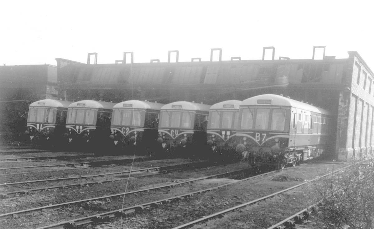 View of six sets of newly delivered Derby built Diesel Multiple Units stored at the shed after its closure in preparation  for driver training