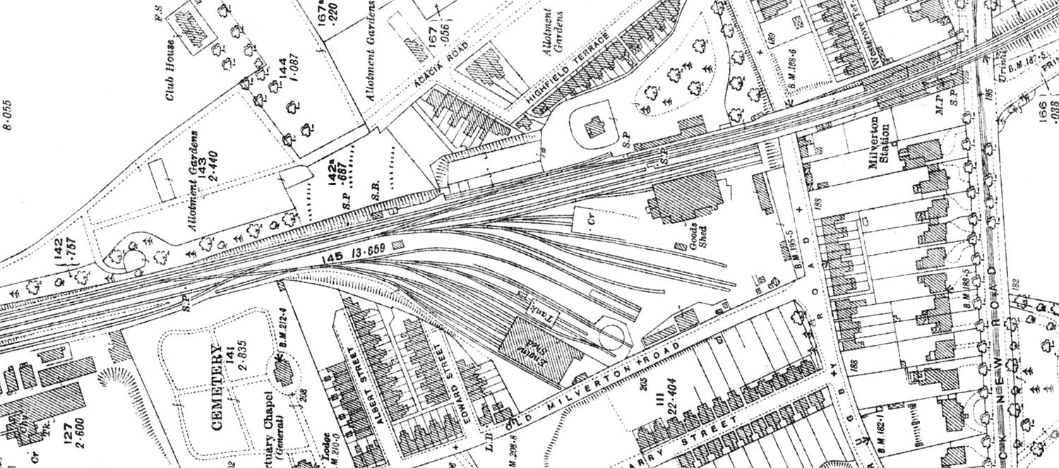 A 1923 25 inch to the Mile Ordnance Survey Map showing Warwick Shed, Milverton Goods Shed and Milverton Station on the far right