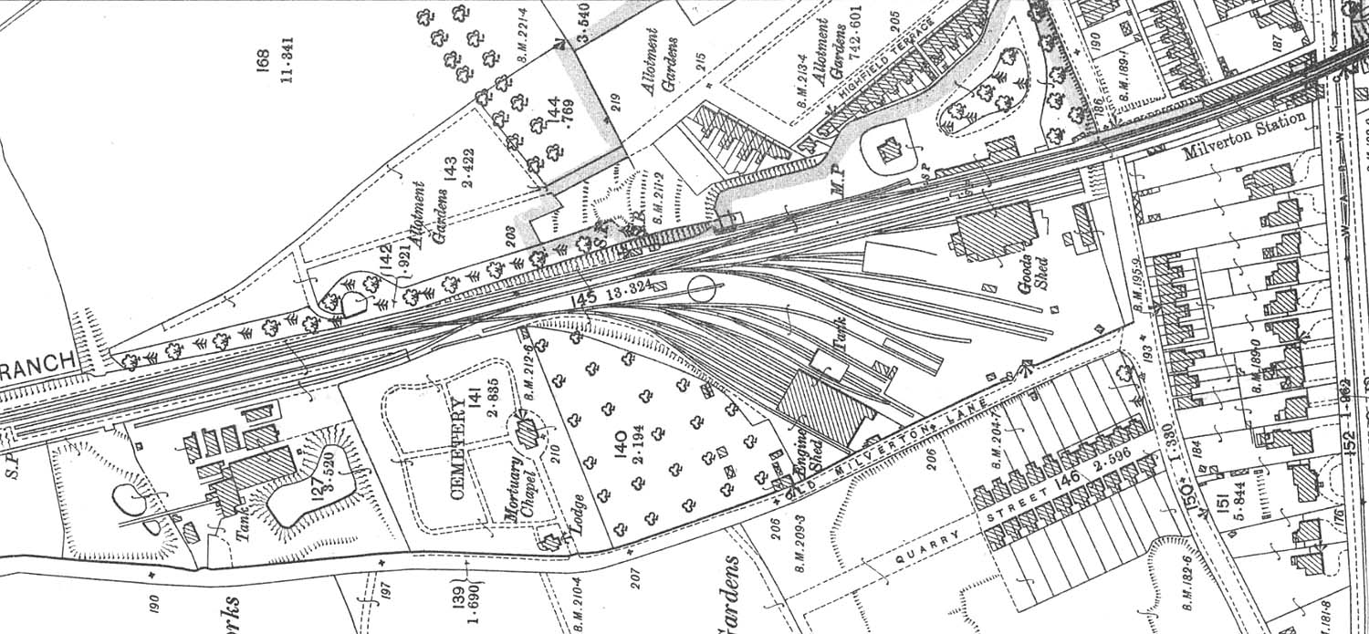 A 1903 25 inch to the Mile Ordnance Survey Map showing Warwick Shed, Milverton Goods Shed and Milverton Station on the far right