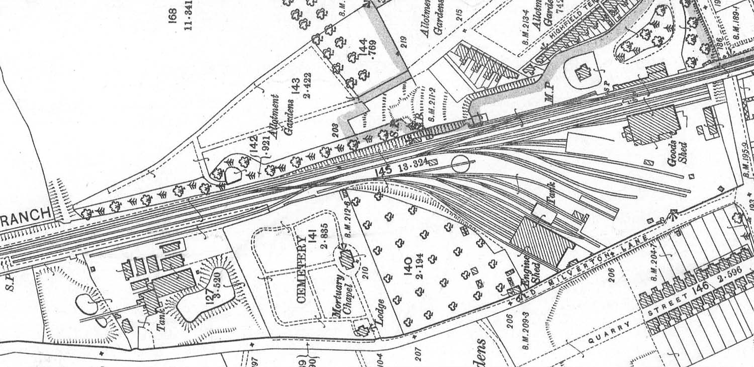 A 1903 25 inch to the Mile Ordnance Survey Map showing Warwick Shed on the left and Milverton Goods Shed on the far right