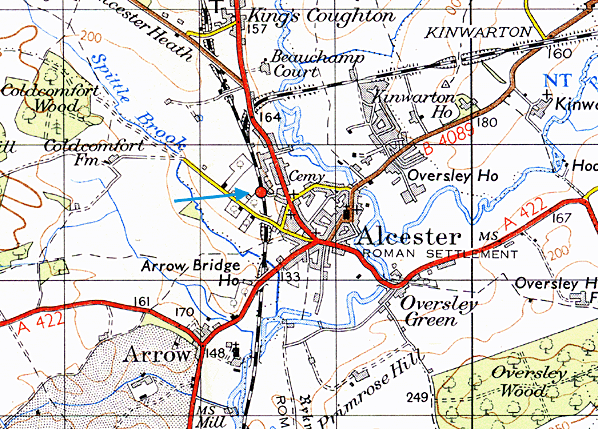 Ordnance Survey Map showing the lines of the Midland Railway and the Alcester Railway and their proximity to Alcester