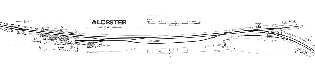 Schematic plan of Alcester station, its goods yard and goods shed from an undated LMS plan
