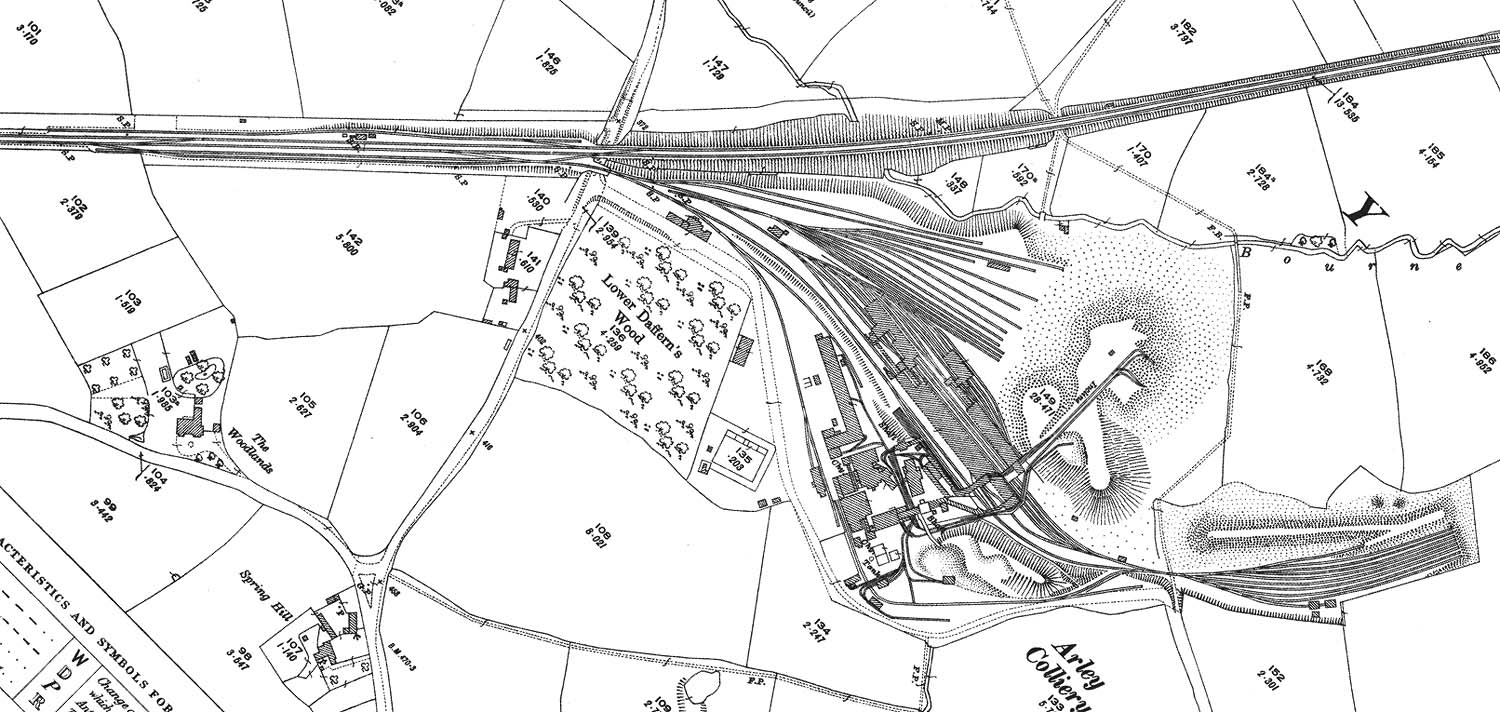 A 1923 25 inch to the mile Ordnance Survey map of Arley Colliery Sidings  and the adjacent Colliery buildings and sidings