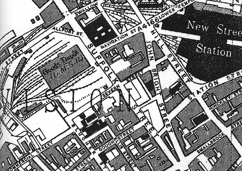 View of a map showing the location of the Midland Railway's Central Goods Depot and Warehouse in LMS days with the offices located in the triangle by Allport Street
