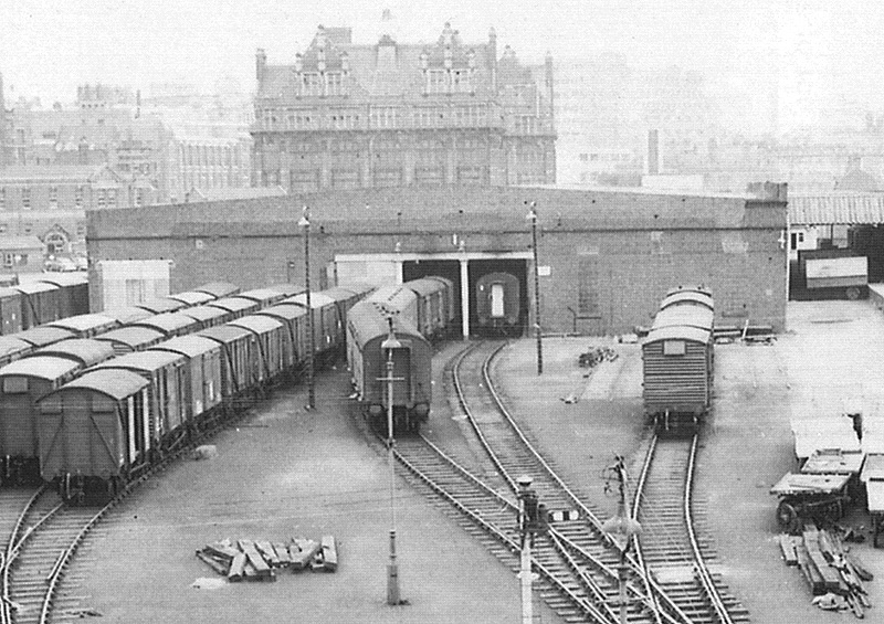 Close up showing the front of Birmingham Central Goods Station's 1941 rebuilt warehouse and sidings