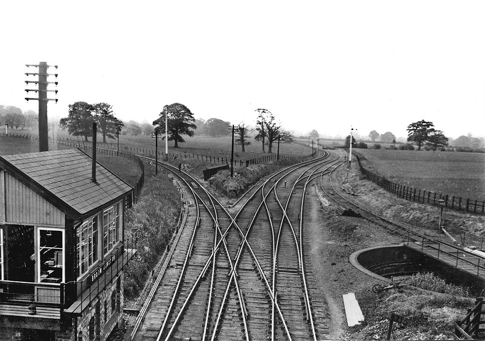 View of Broom Junction Signal Box on the left with the SMJ line curving away to the left and the Evesham line continuing ahead