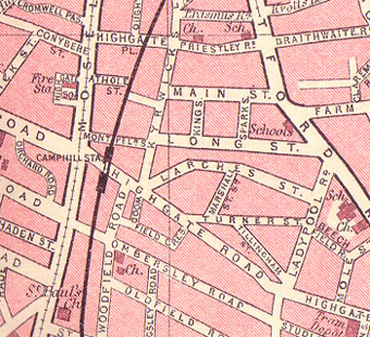 Map showing the location of Camp Hill Station and its juxtaposition with Highgate Road and Montpellier Street
